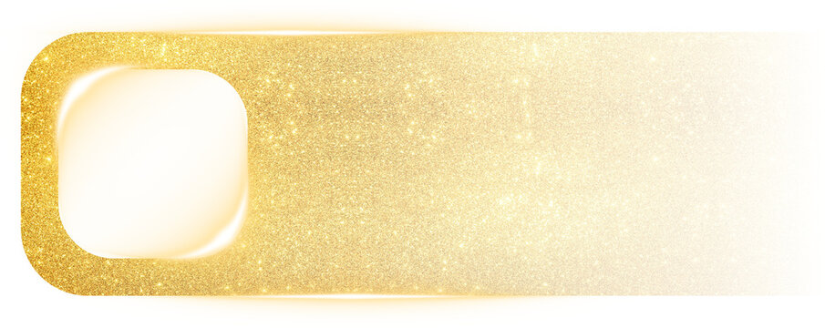 Metallic gold rectangle button with a glowing square icon frame