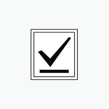 A black checkmark symbol is inside a bordered square, with a horizontal line below