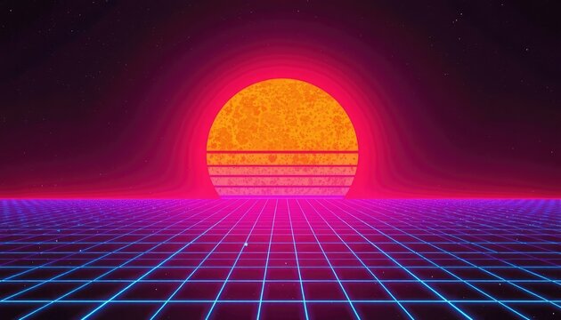 Synthwave Sunset Horizon Grid for Futuristic Designs and Retro Themed Events