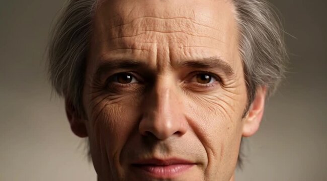 Man's face in a comparative series illustrating the natural aging process and evolving expressions.