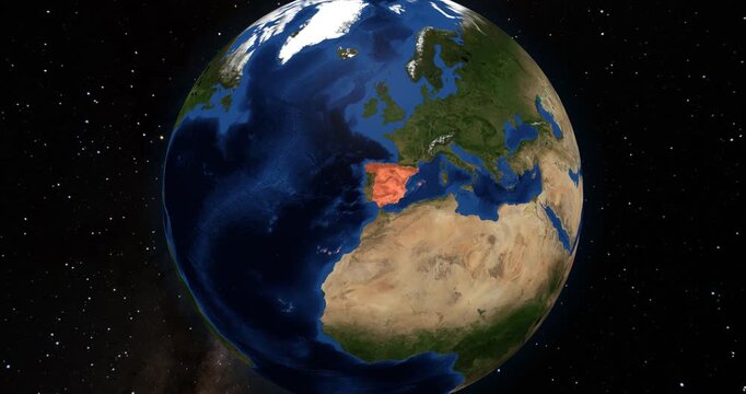 Spain on the Globe. Zoom into the country with the Earth spinning in space. High detail physical world map with Spain on it. Country view animation. Elements of this image furnished by NASA.