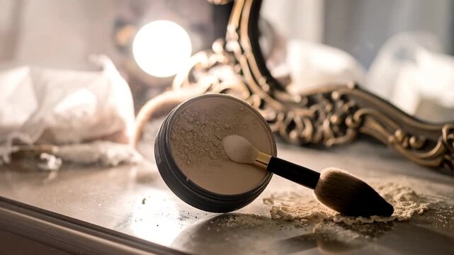 A makeup brush dusting loose powder from a compact, with a light source and ornate mirror