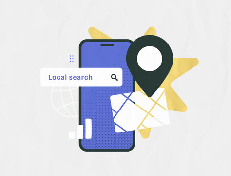 Local search engine optimization, hyperlocal mobile geolocation tool, nearby business query results. Smartphone local search seo digital marketing concept, modern organic vector illustration