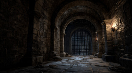 Obraz premium Dark medieval dungeon corridor with stone archway tunnel, eerie shadows and moody lighting, ancient underground passage, mysterious gothic atmosphere.