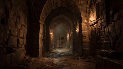 Obraz premium Dark medieval dungeon corridor with stone archway tunnel, eerie shadows and moody lighting, ancient underground passage, mysterious gothic atmosphere.
