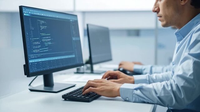 A person codes at a desk with computer monitors displaying lines of programming. Focus on hands and face