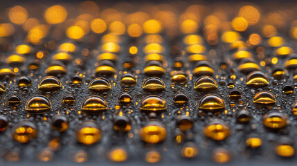 Fototapeta premium A close-up view of amber-colored water droplets on a dark surface