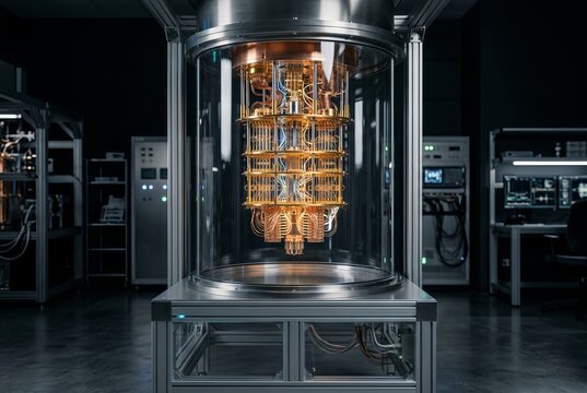 Futuristic quantum computer core with glowing copper components in dark laboratory