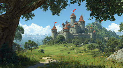 Fototapeta premium Elegant medieval castle standing on a lush green hill under soft light, showcasing timeless architecture, history, and scenic countryside landscape.