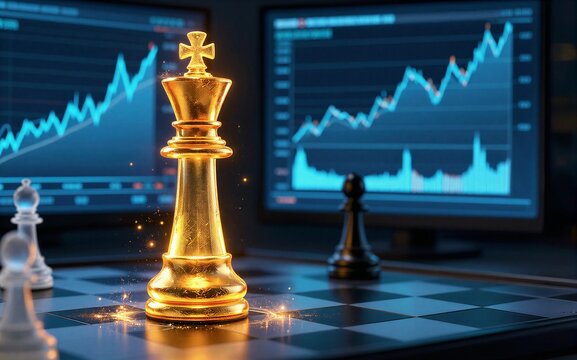 Golden chess king on board glowing before financial charts