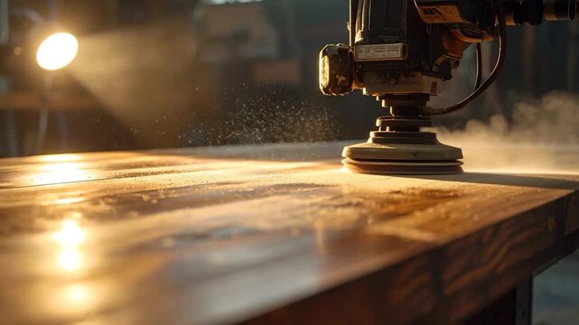 A power sander smooths a wooden surface in a workshop illuminated by a spotlight, kicking up dust