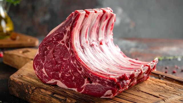A raw rack of ribs, showcasing red meat and bones, rests on a wooden board, with a blurred background