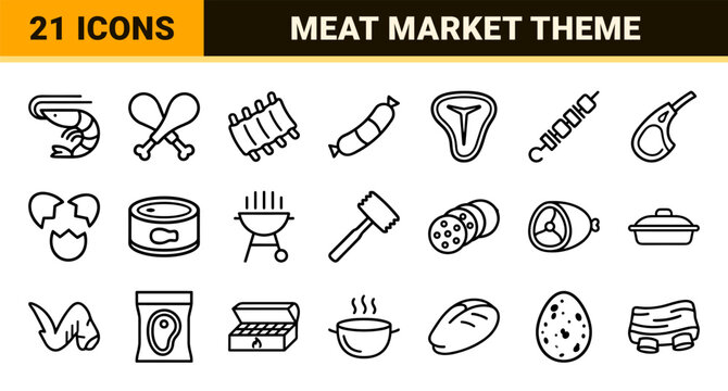 Meat and Protein Industry Minimalist Monoline Icons for Butcher Shops and Culinary Branding featuring Clean Geometric Outline Shapes
