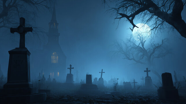 Haunted gothic cemetery at night with ancient stone mausoleum, eerie fog, moonlight shadows, and chilling atmosphere of mystery and horror.