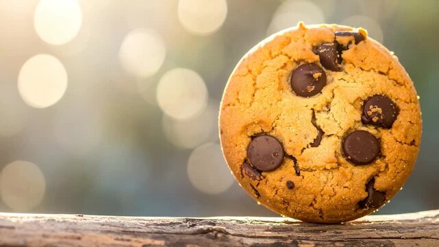 A round, golden-brown cookie with dark chocolate chips rests on a wooden surface, blurred background