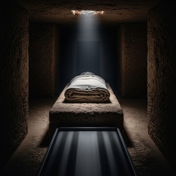 Mysterious Tomb Interior with Light Beam and Stone Slab.