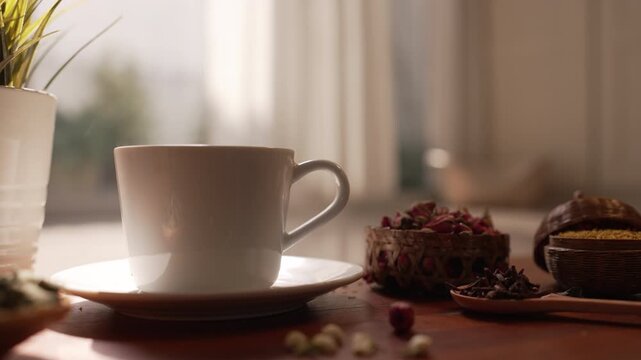 Cinematic Slow Push In on Steam Rising from White Tea Cup - Pure Therapeutic Atmosphere for Self-care. Smooth gradual zoom on hot steam and minimalist porcelain.  for organic skincare and wellness 