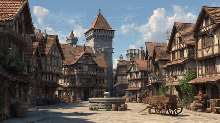 Medieval European town square with dense half timbered houses, cobblestone streets and historic architecture, capturing timeless village charm and cultural heritage.