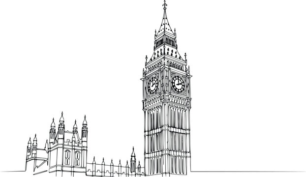 Hand Drawn Continuous Line Big Ben and Palace of Westminster London Minimalist Vector Illustration