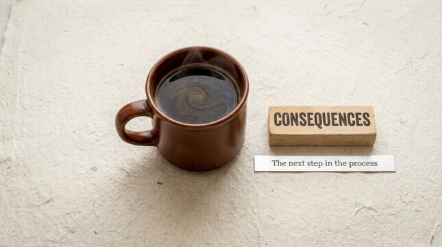 A steaming mug of dark coffee next to a wooden block with the word consequences and a slip of paper