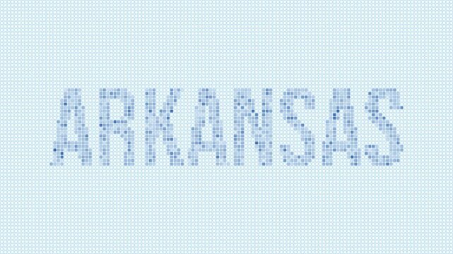 Arkansas, United States dotted map animation. Digital style shape of the state. Arkansas, United States shape and title dots appear with bulb flickering effect. Intro, outro, logo, title video.