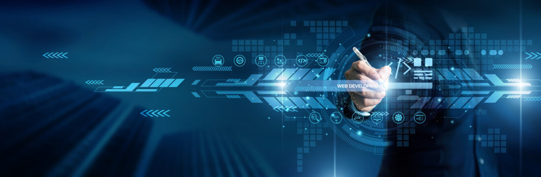Web development concept. Industry person point web development coding program website design internet world online technology digital system network software innovation connection future platform.