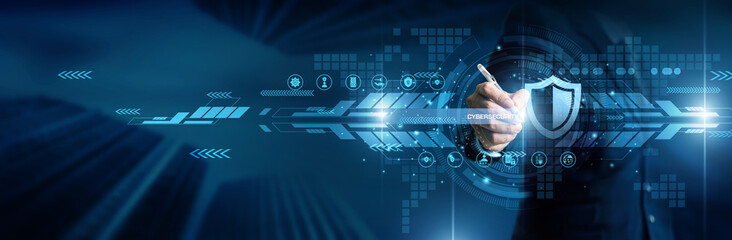 Cybersecurity concept. Industry person point cybersecurity protection system world network data security technology digital safety firewall privacy connection information defense. © CyberFrame