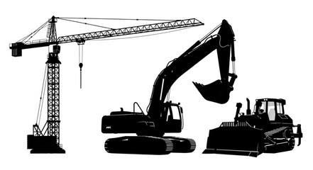 Silhouette of Construction Equipment - Crane, Excavator, and Bulldozer. © Chafidz