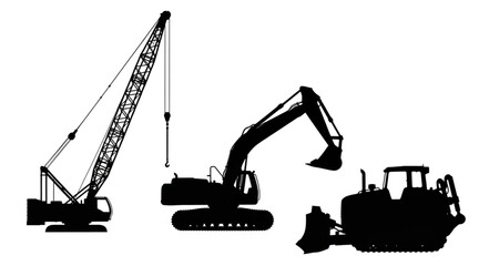 Silhouetted Construction Equipment - Crane, Excavator, and Bulldozer. © Chafidz