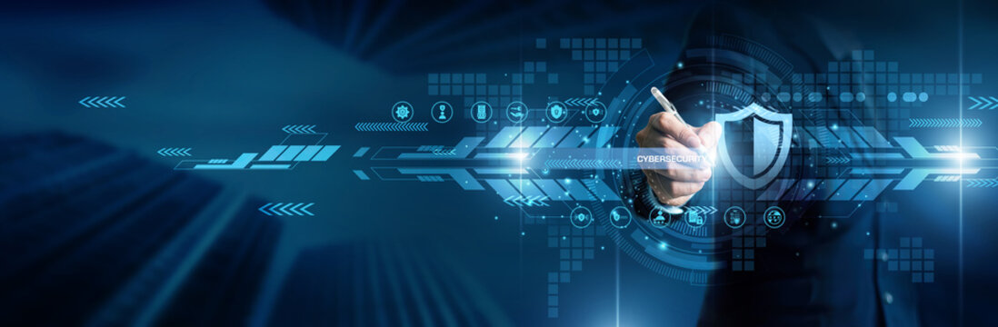 Cybersecurity concept. Industry person point cybersecurity protection system world network data security technology digital safety firewall privacy connection information defense.