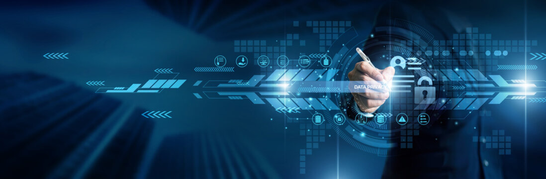 Data privacy concept. Industry person point data privacy protection system world digital security information control network technology safety user data management connection.