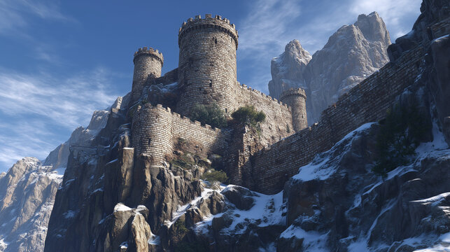 A medieval stone fortress perched on a jagged mountain cliff, dramatic landscape with rugged peaks, historic architecture and misty sky creating a timeless scene