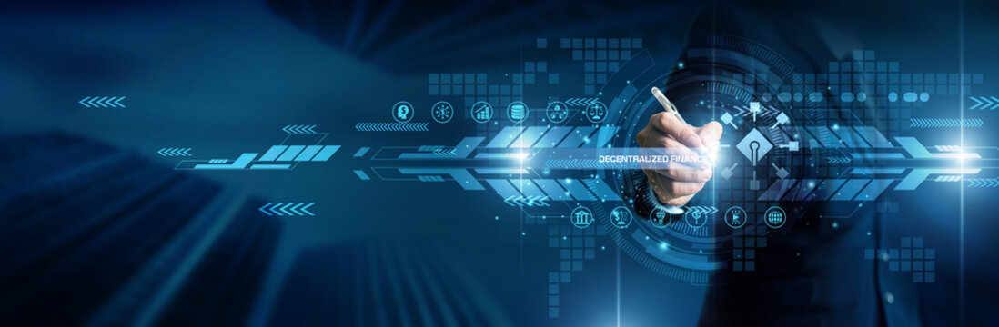Decentralized finance concept. Industry person point decentralized finance blockchain system world digital currency network technology crypto transaction innovation connection future finance.