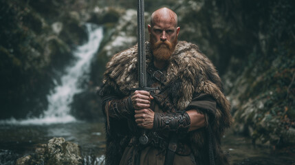 Naklejka premium Rugged medieval warrior holding a sword, standing near a small waterfall in a forest, dramatic portrait with natural light and cinematic atmosphere.