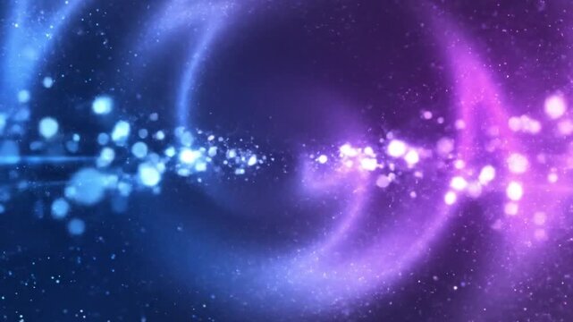 A vibrant abstract background featuring swirling blue and purple hues with scattered glowing particles against a dark blue and purple gradient.