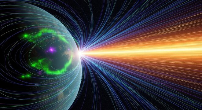 Planet's protective magnetosphere visualized, a dazzling cosmic energy shield against solar wind and radiation in deep space.