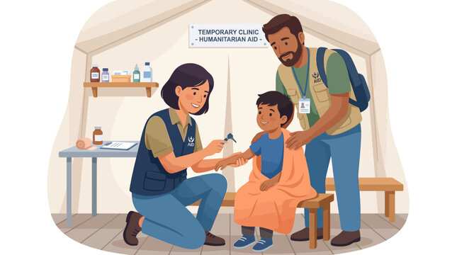 Medical professionals provide humanitarian aid and healthcare at a temporary clinic