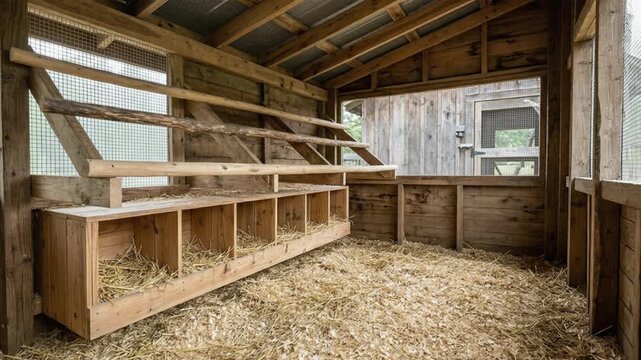Wooden nesting boxes hold clean bedding for chickens