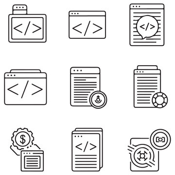 Minimalist web development and software coding line art icon set featuring browser windows, code brackets, tech support symbols, and monetization gears on a clean white background.