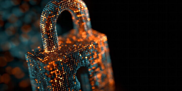 Digital padlock structure composed of glowing binary elements against a dark background