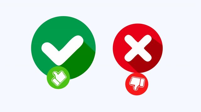 Green check and thumbs up with red cross thumbsdown, suitable for decisionmaking visuals, comparison graphics, or feedback presentations on positive and negative outcomes.