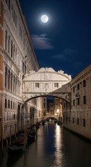 Obraz premium Moonlit Venetian Canal Passage Under Historic Bridge of Sighs