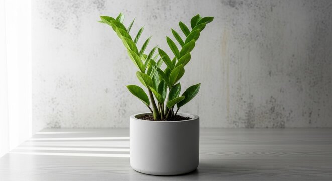 A ZZ Plant with Upright Glossy Green Leaves in a Minimalist Pot