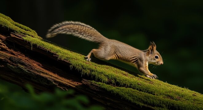 Agile squirrel scurrying across a mossy tree log in a lush forest setting