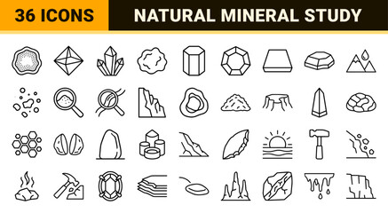 Fototapeta premium Geology and Mineralogy Minimalist Monoline Outline Icons featuring Geometric Crystals, Raw Ores, Gemstones, and Mining Equipment Symbols.