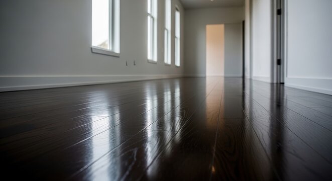 Polished Dark Wood Flooring With High Gloss Finish Reflecting Natural Light Indoors