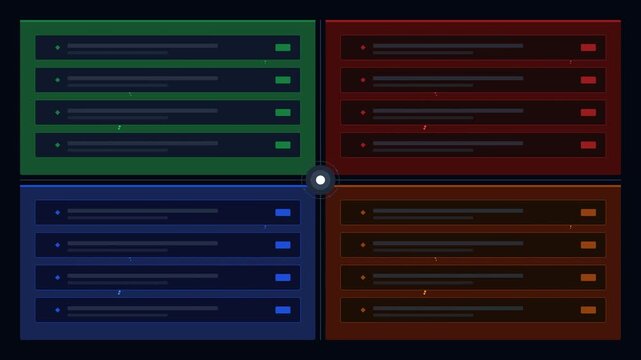 Visual data interface presenting categorized information in distinct color-coded blocks for market segmentation and analysis. A dynamic organizational tool