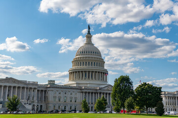 Naklejka premium United states Capitol. Capitol building. The Capitol building in Washington. Architecture view on dome with column. Famous Capitol in Washington DC. Washington DC landmark