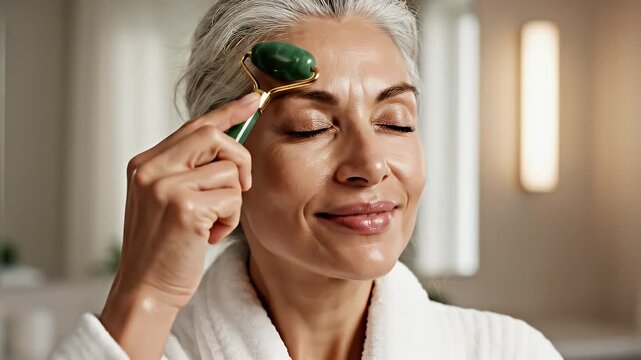 Mature Woman Gently Massaging Face With Green Jade Roller in Luxurious Bathrobe Promoting Skincare And Self-Care In Soft Bathroom Lighting
