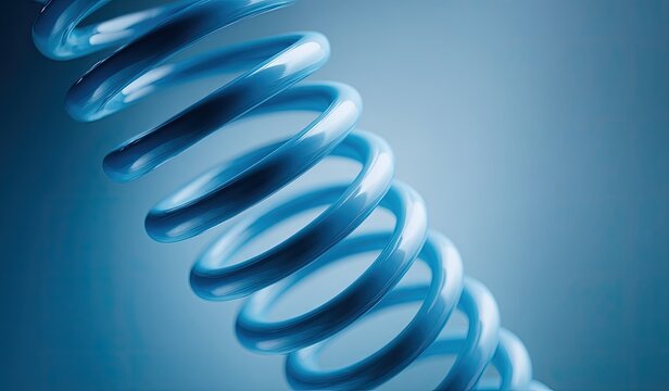 A close-up view of a light blue, glossy coiled spring on a gradient blue background